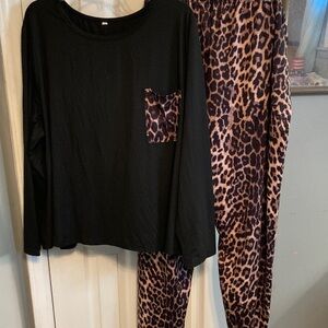 Chic Black Top and Leopard Print Lounge Pants Set Size 4XL